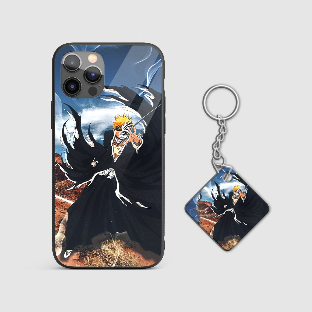 Intense design of Hollowfied Ichigo from Bleach on a durable silicone phone case with Keychain.