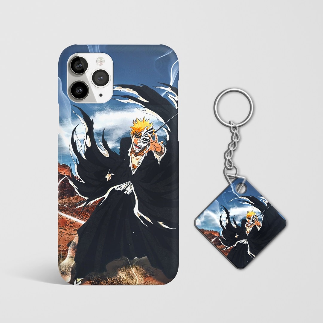 Close-up of Hollowfied Ichigo’s intense expression on phone case with Keychain.