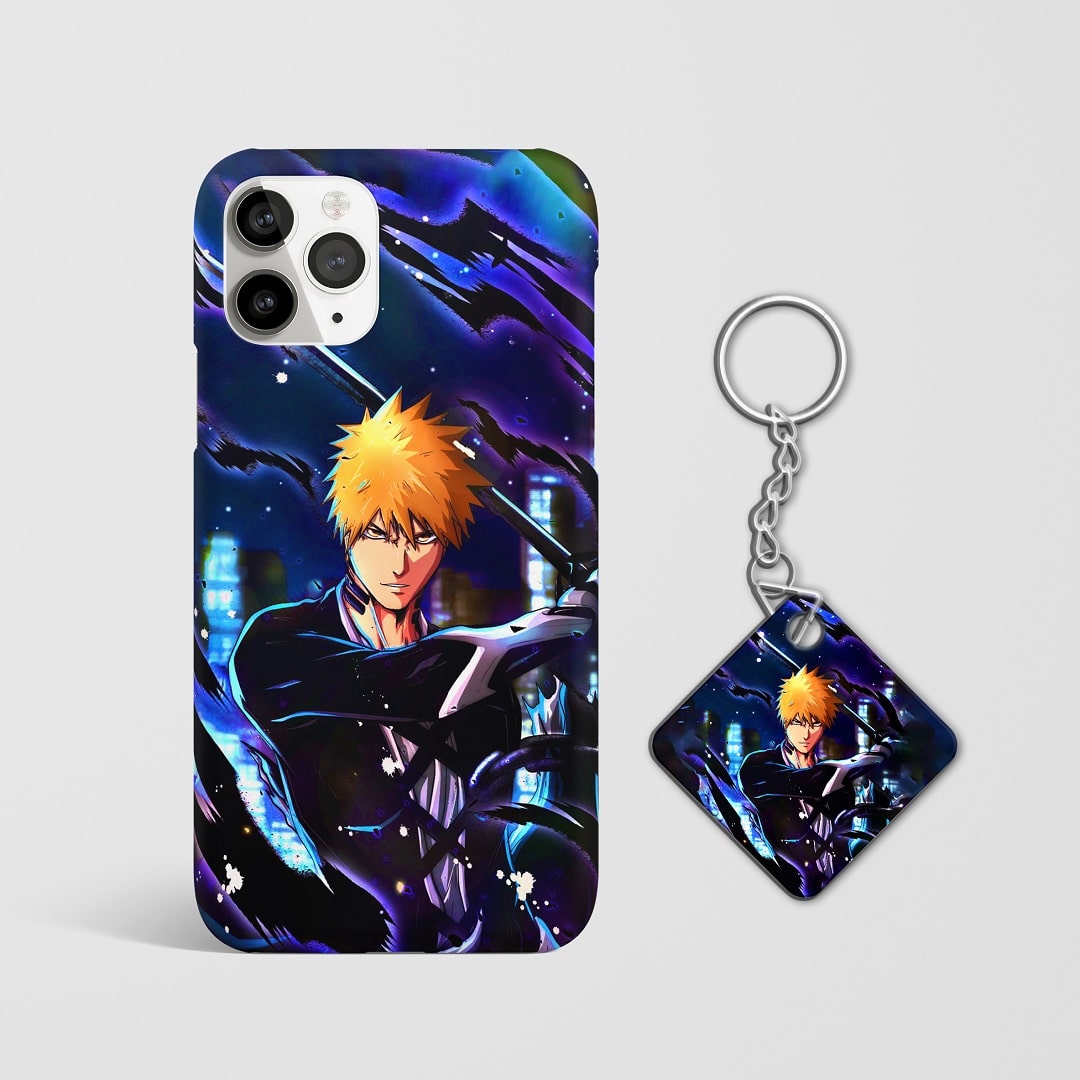 Close-up of Ichigo’s intense expression in action pose on phone case with Keychain.