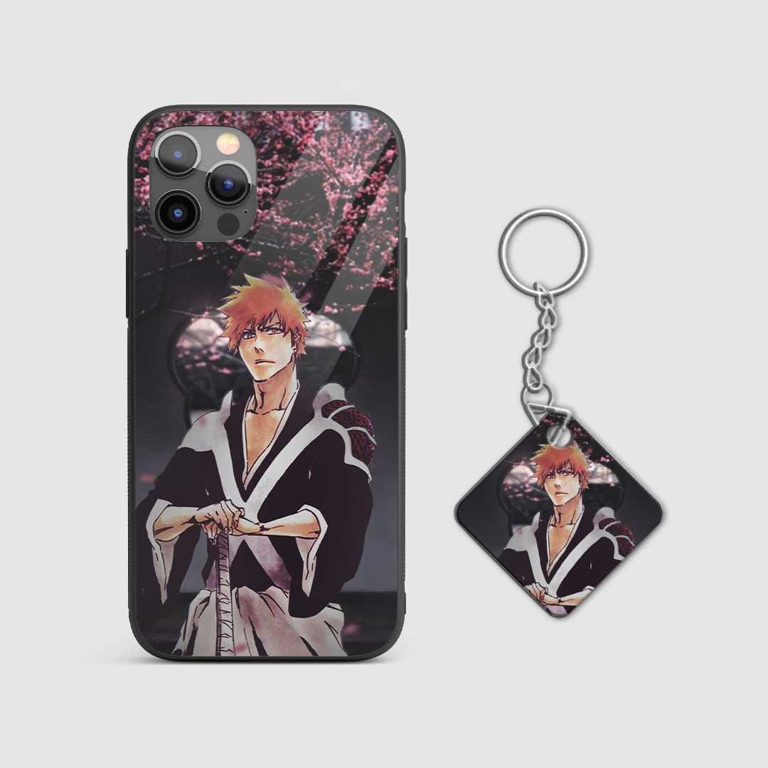 Unique aesthetic design of Ichigo Kurosaki from Bleach on a durable silicone phone case with Keychain.