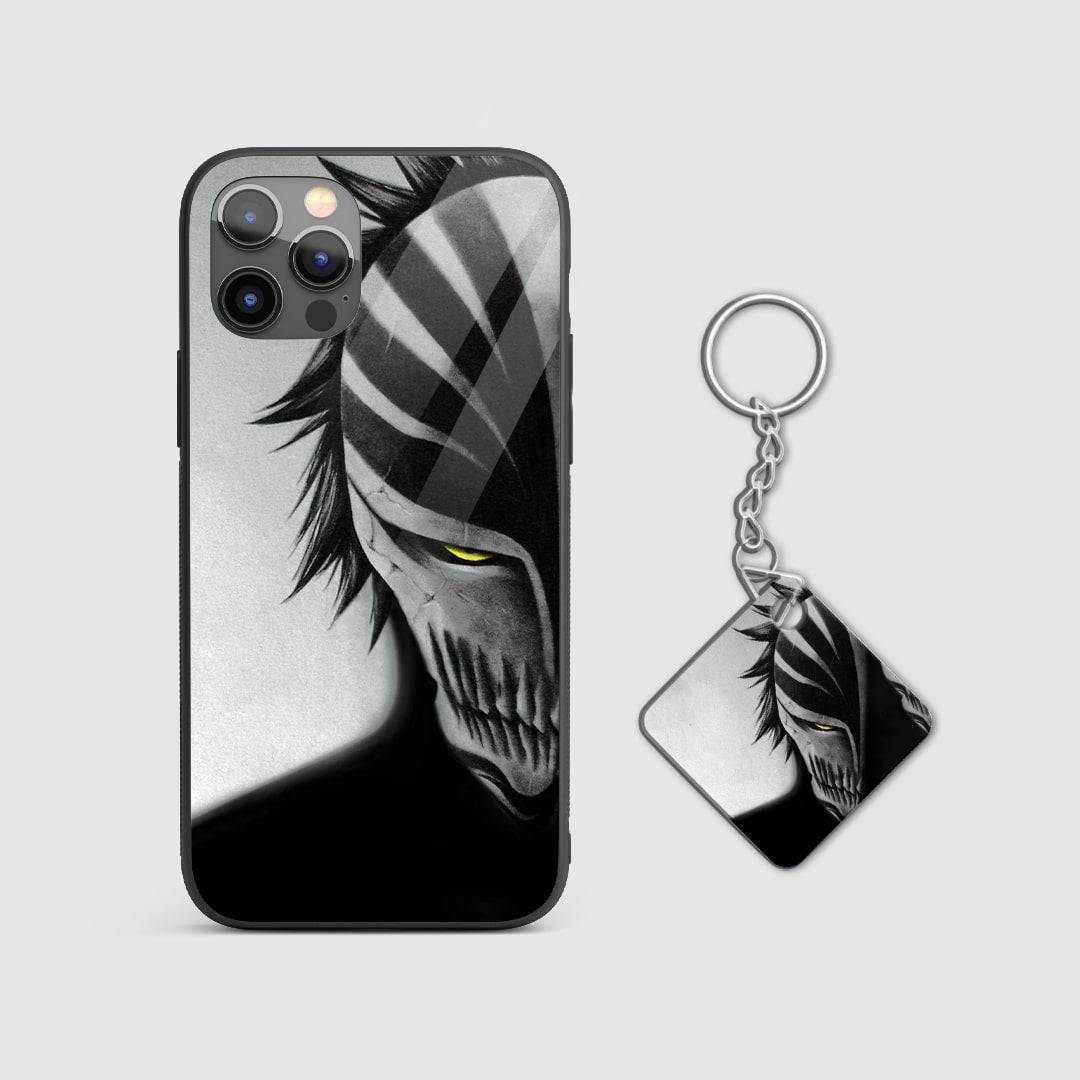 Intense graphic design of Ichigo Kurosaki with Hollow Mask from Bleach on a durable silicone phone case with Keychain.