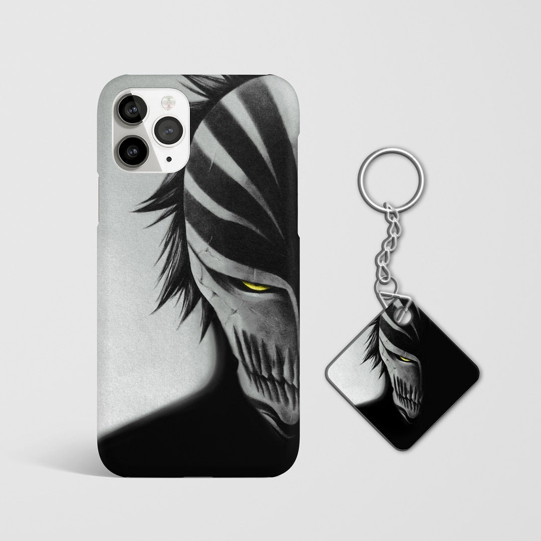 Close-up of Ichigo’s intense expression with Hollow mask on phone case with Keychain.