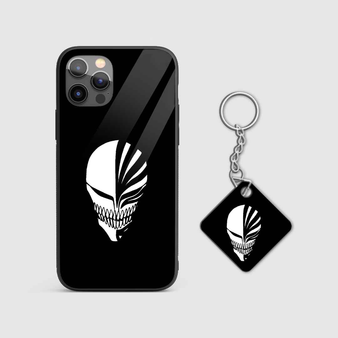 Minimalist design of Ichigo Kurosaki's Hollow Mask from Bleach on a durable silicone phone case with Keychain.