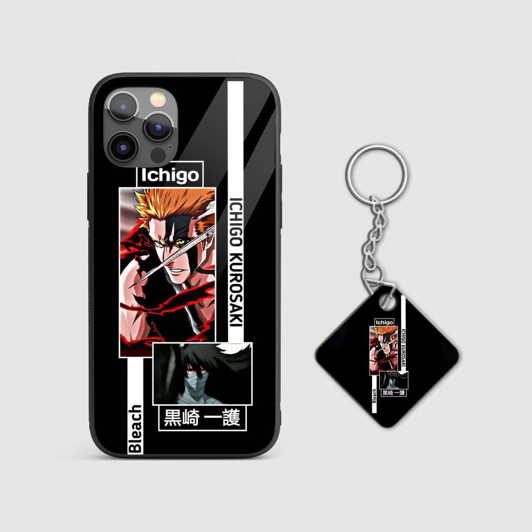 Powerful design of Ichigo Kurosaki from Bleach on a durable silicone phone case with Keychain.