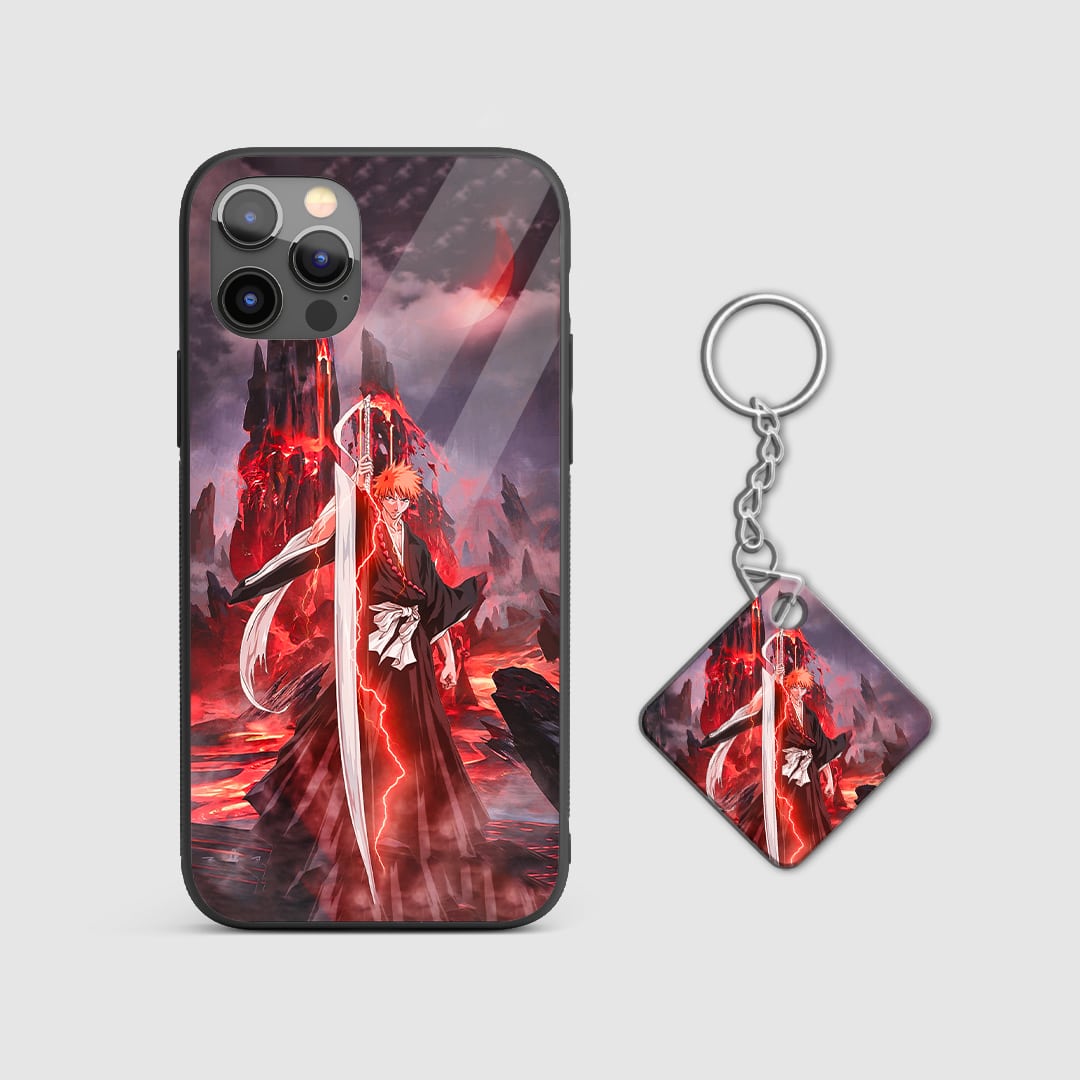Dynamic graphic design of Ichigo Kurosaki from Bleach on a durable silicone phone case with Keychain.