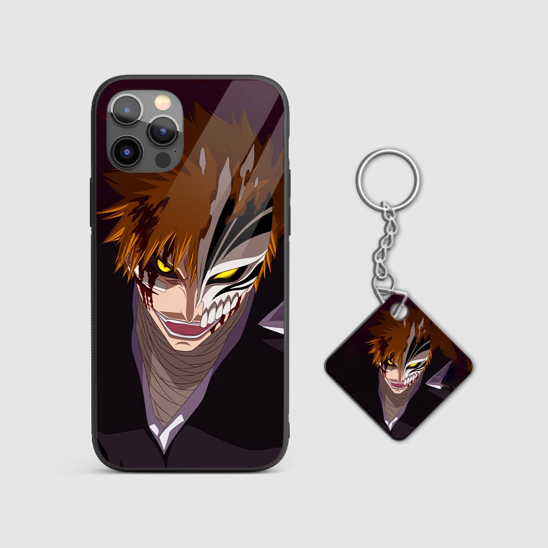 Intense design of Ichigo Kurosaki with Hollow Mask from Bleach on a durable silicone phone case with Keychain.