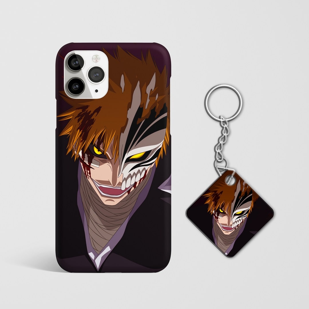 Close-up of Ichigo Kurosaki’s intense expression with Hollow mask on phone case with Keychain.