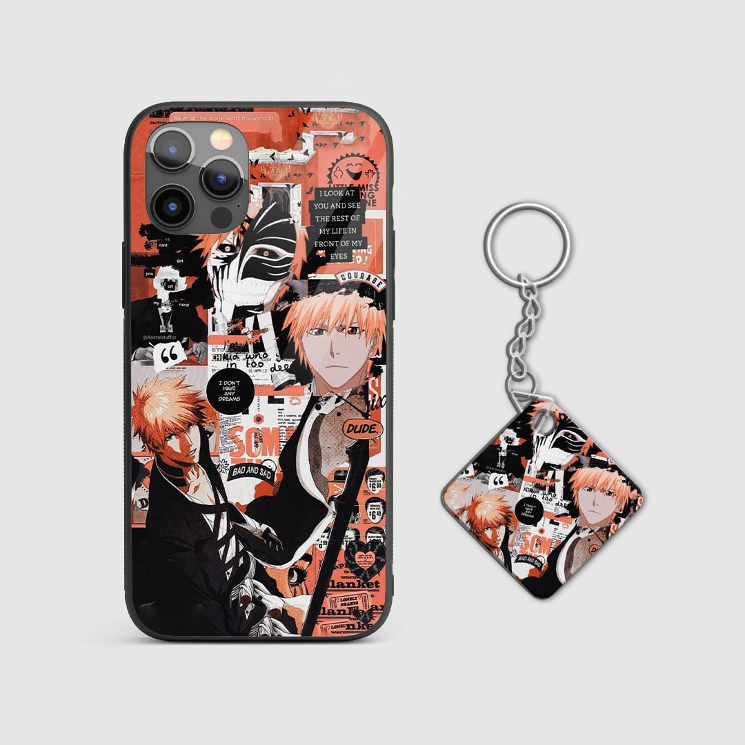 Classic manga design of Ichigo Kurosaki from Bleach on a durable silicone phone case with Keychain.