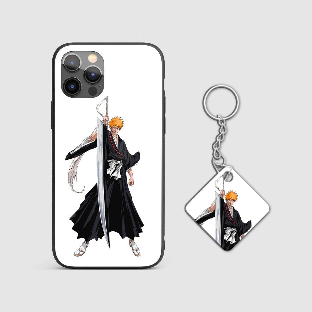 Sleek white design of Ichigo Kurosaki from Bleach on a durable silicone phone case with Keychain.