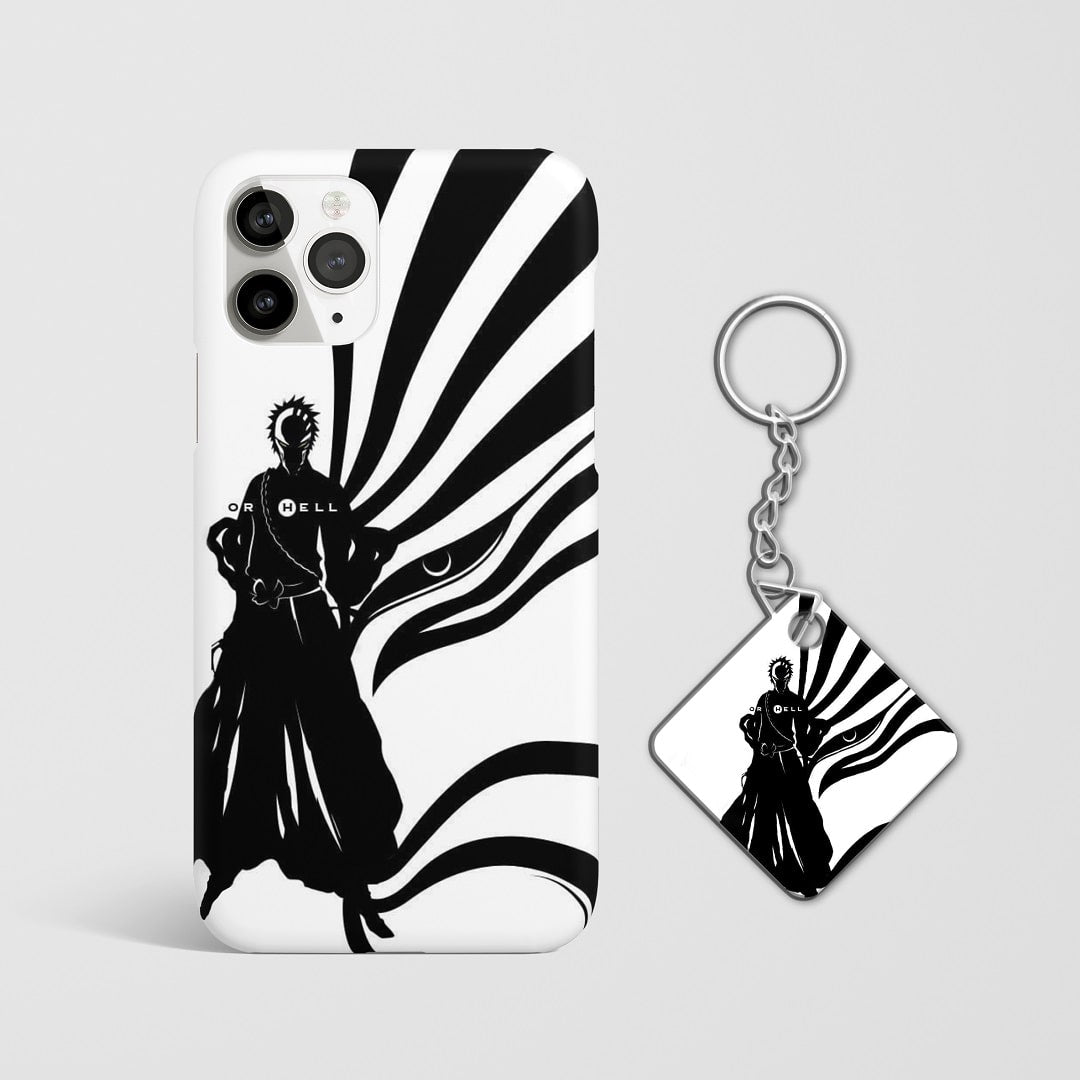 Close-up of Ichigo Kurosaki’s intense expression in white and black on phone case with Keychain.