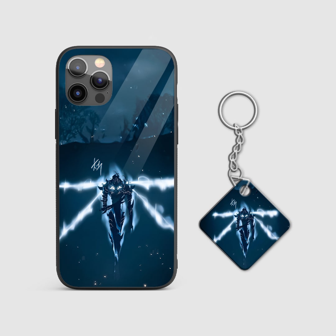 Back view of Igris Case showing Solo Leveling shadow warrior design with Keychain.