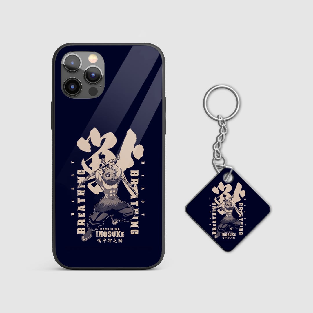 Energetic design of Inosuke Hashibira from Demon Slayer on a durable silicone phone case with Keychain.