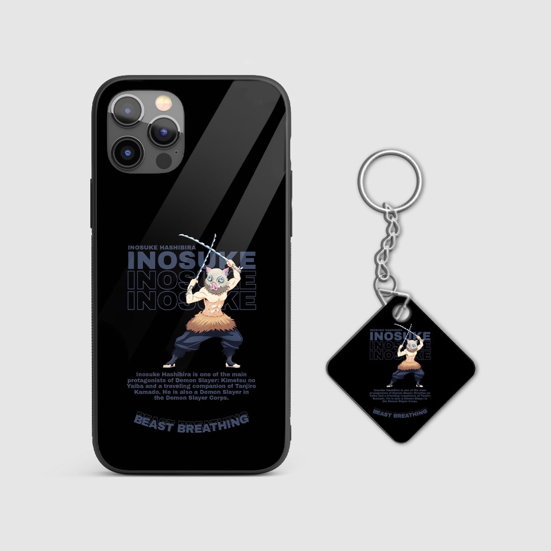 Ferocious design of Inosuke Hashibira from Demon Slayer on a durable silicone phone case with Keychain.