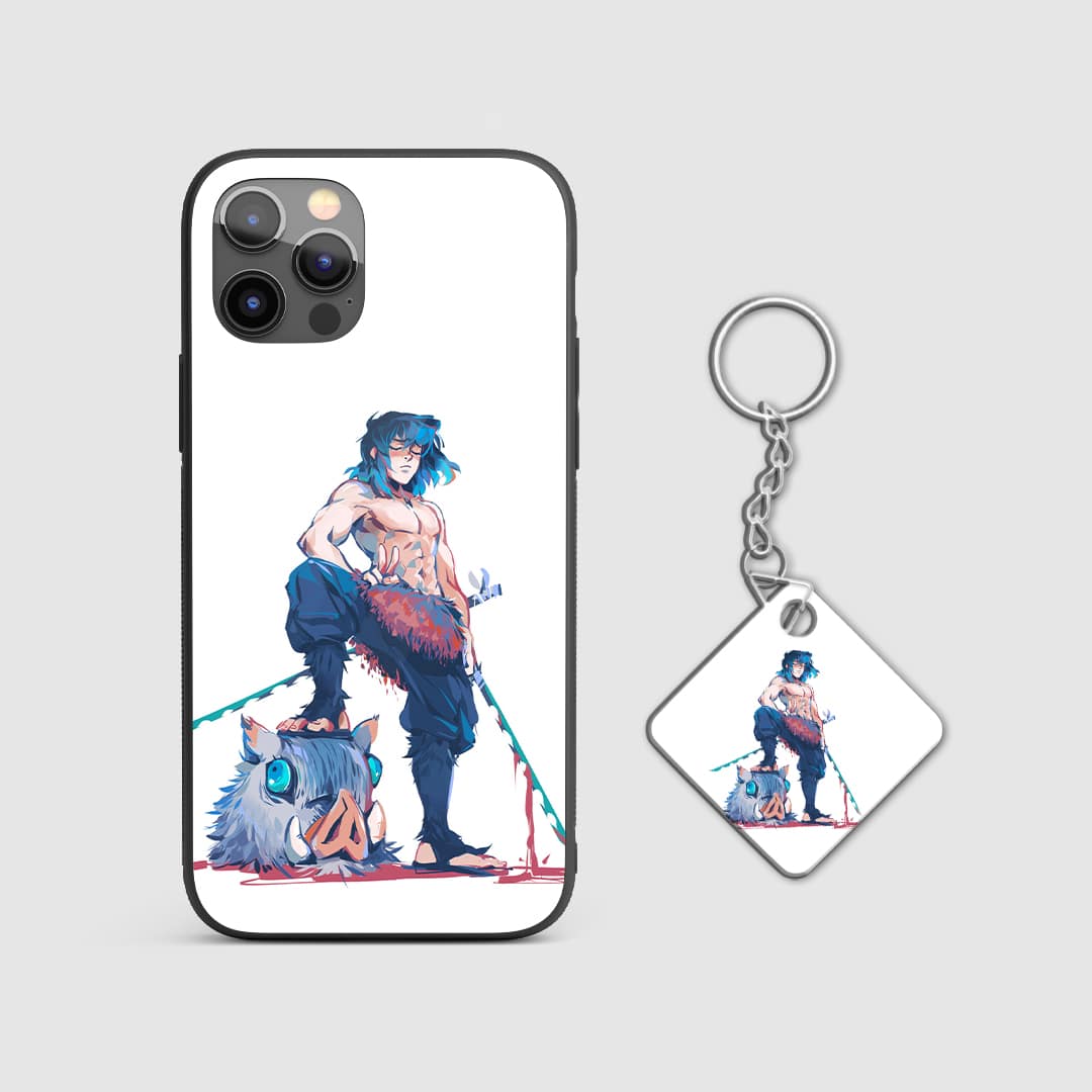 Dynamic design of Inosuke Hashibira from Demon Slayer on a durable silicone phone case with Keychain.