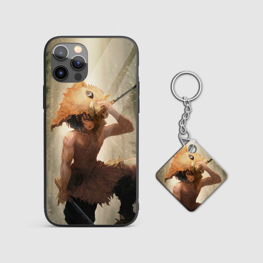 Bold design of Inosuke Hashibira from Demon Slayer on a durable silicone phone case with Keychain.