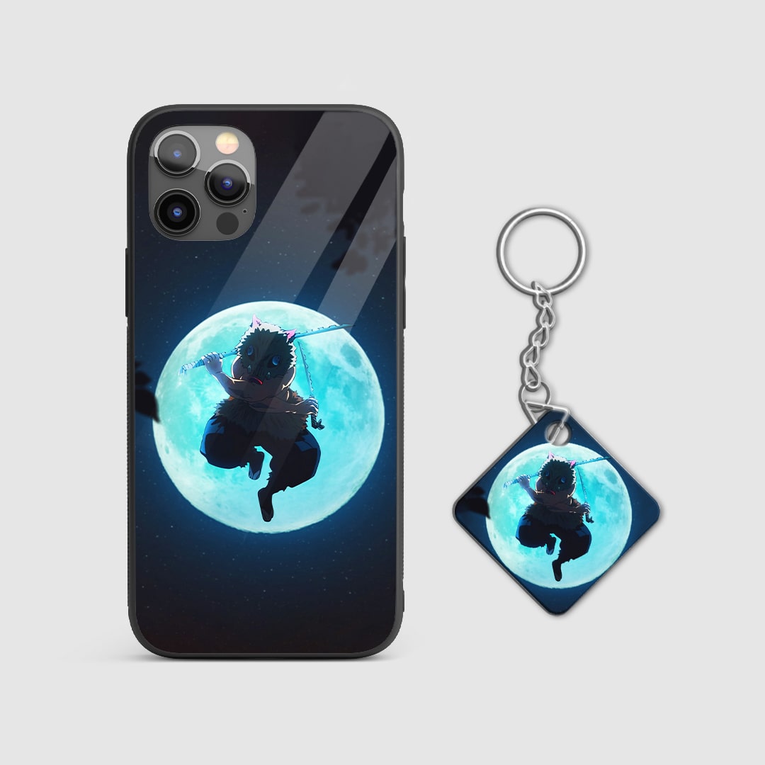 Wild design of Inosuke Hashibira from Demon Slayer under the moonlight on a durable silicone phone case with Keychain.