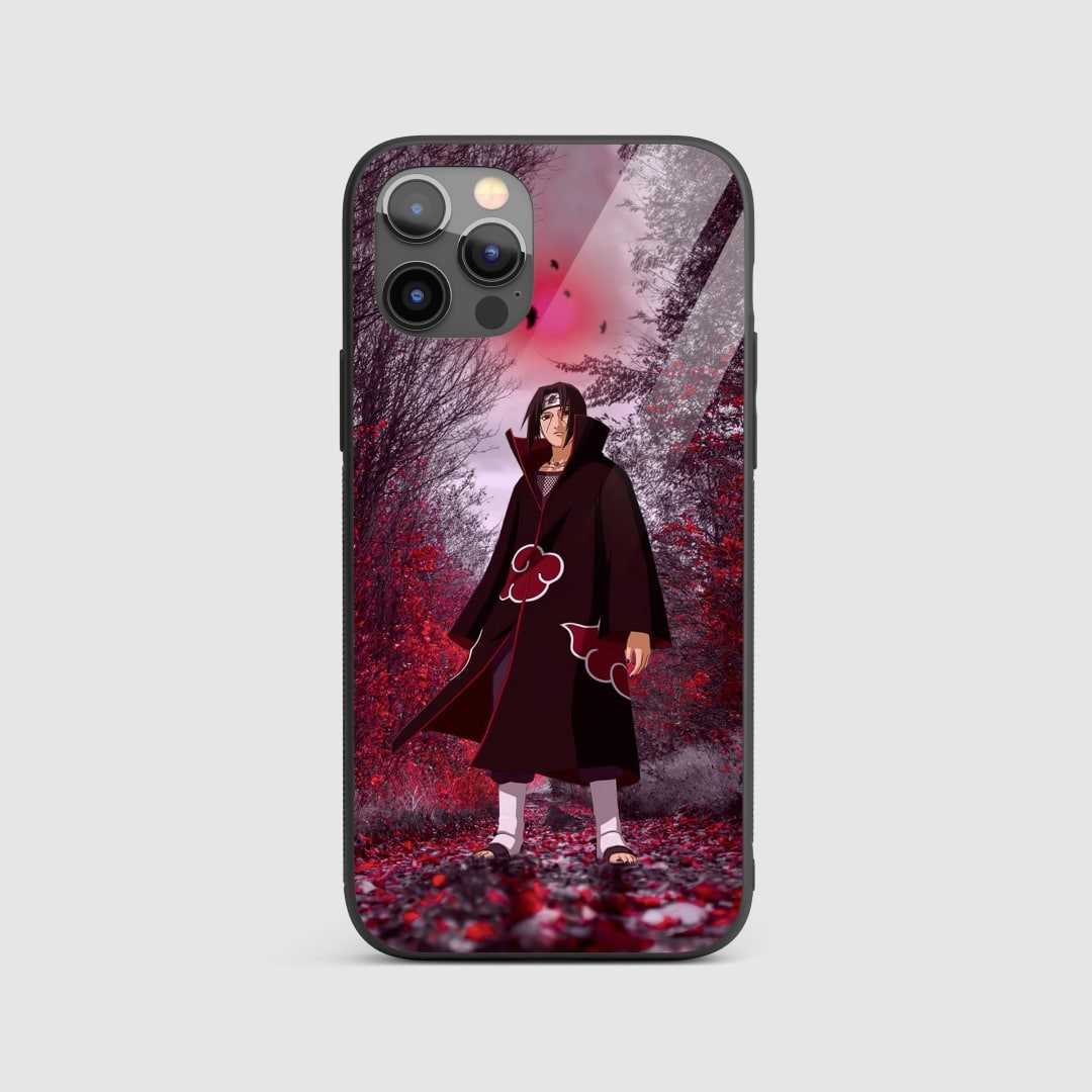 Back view of Itachi Aesthetic Silicone Armored Phone Case highlighting detailed Itachi silhouette and Sharingan graphics.