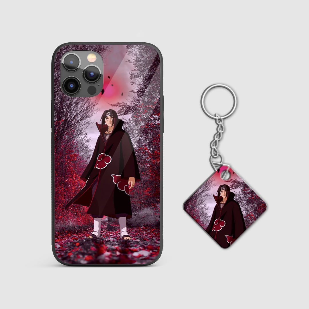 Itachi Aesthetic Phone Case beside matching Itachi silhouette keychain with Sharingan and red aesthetic.