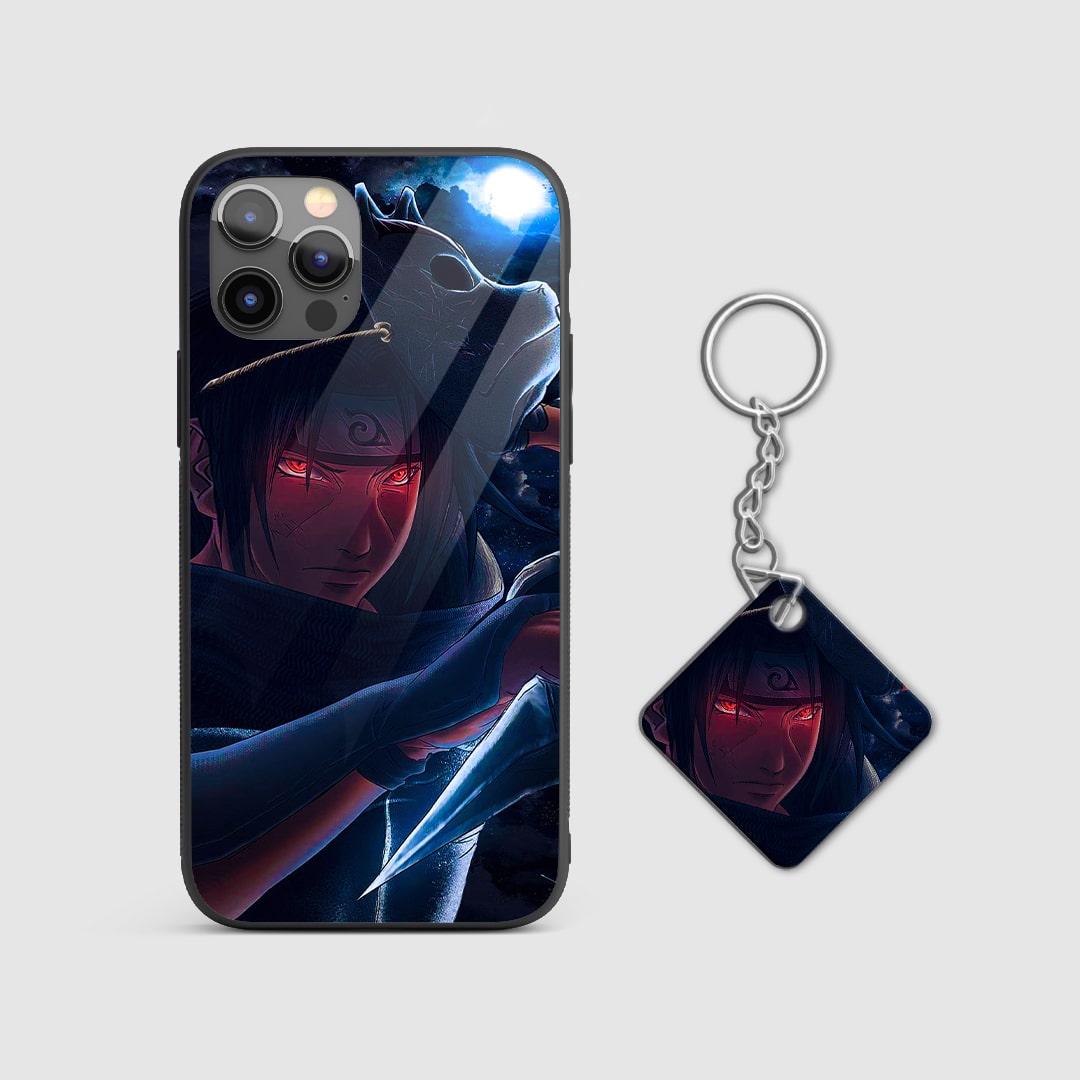 Close-up of Itachi's silhouette on armored silicone phone case with Keychain.