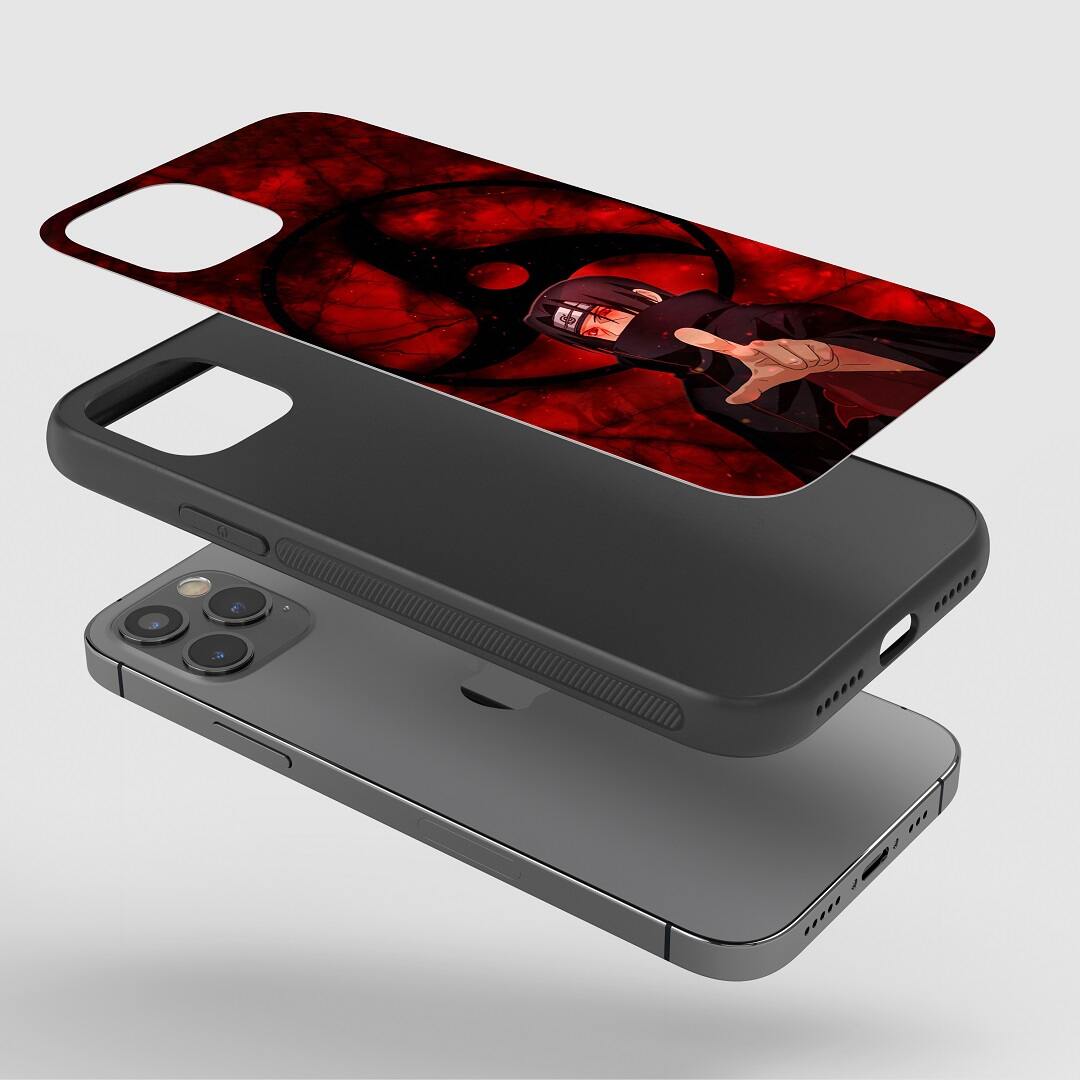 Itachi Sharingan Phone Case on smartphone, illustrating button and camera access.