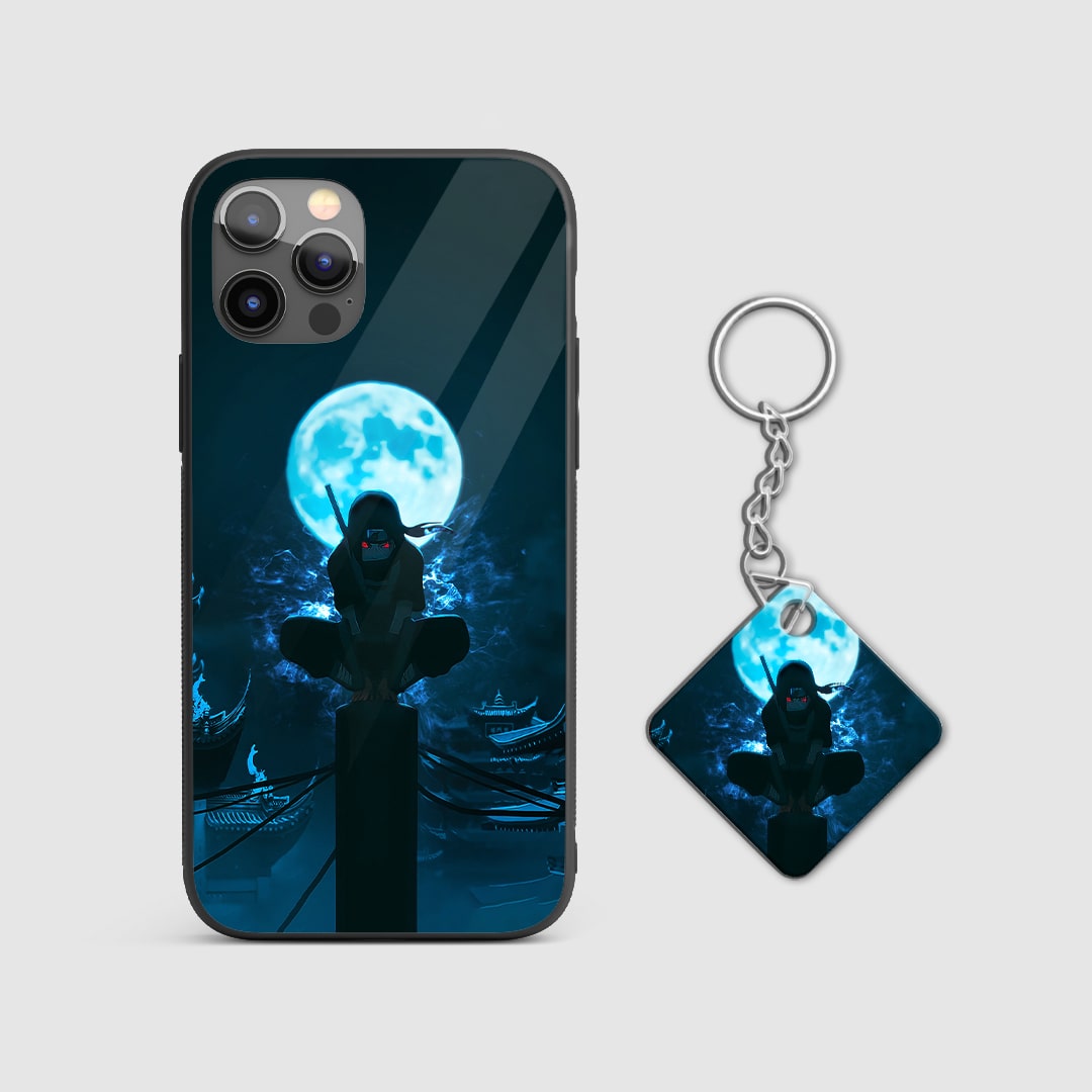 Detailed view of Itachi Blue Moon Phone Case with Uchiha crow silhouette with Keychain.