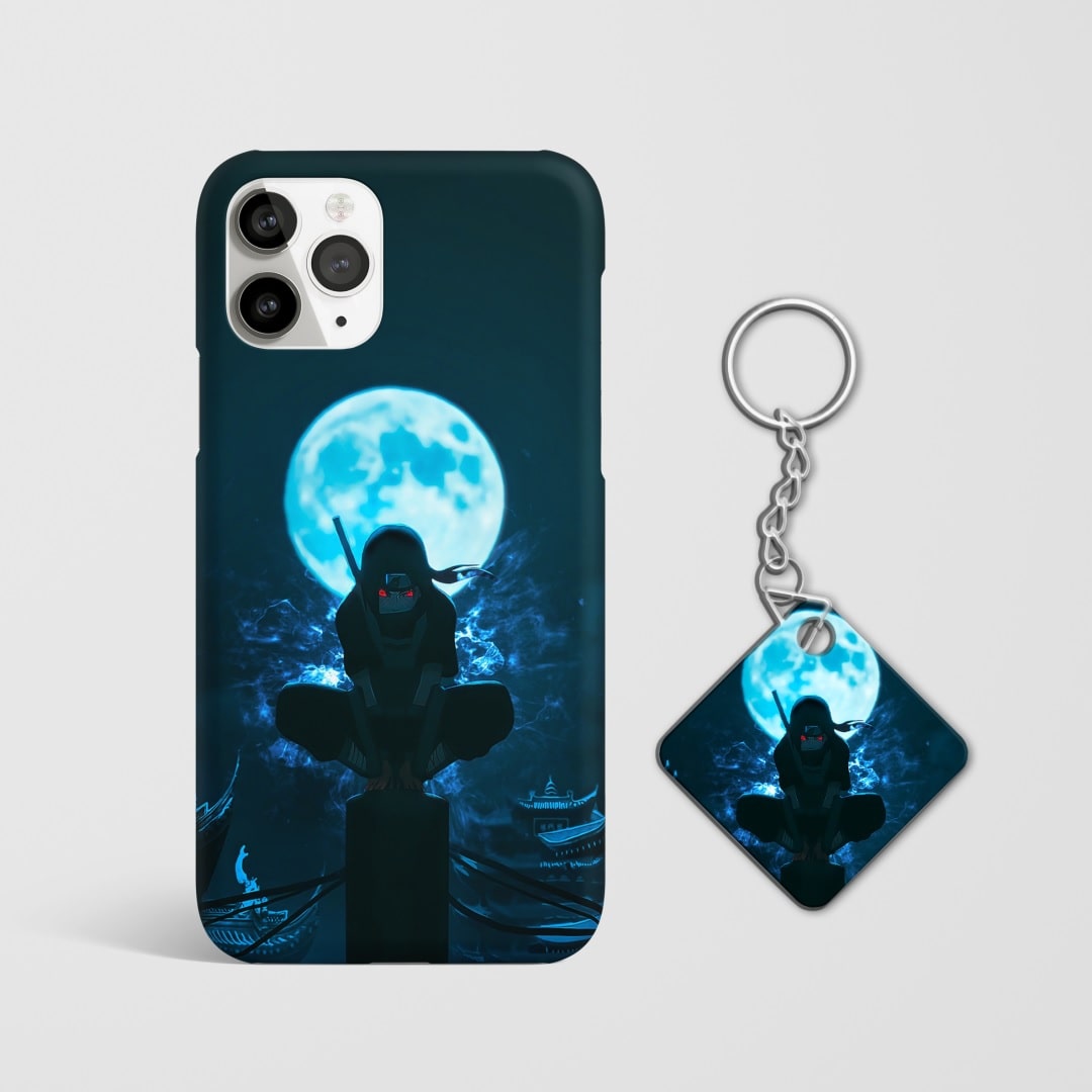 Close-up of the Itachi Uchiha Blue Moon Phone Cover, showcasing the detailed 3D matte design wtih Keychain.