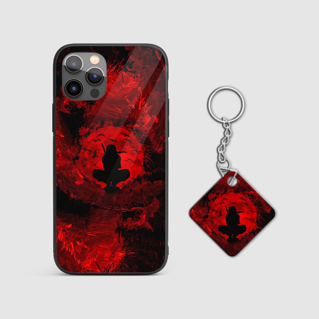Close-up of Itachi under the red moon on the silicone armored phone case with Keychain.