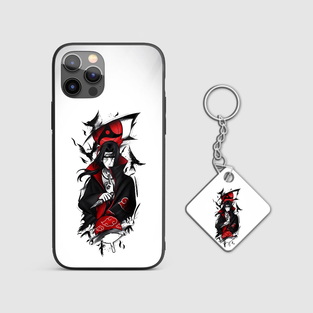 Close-up of Itachi's silhouette on white armored silicone phone case with Keychain.