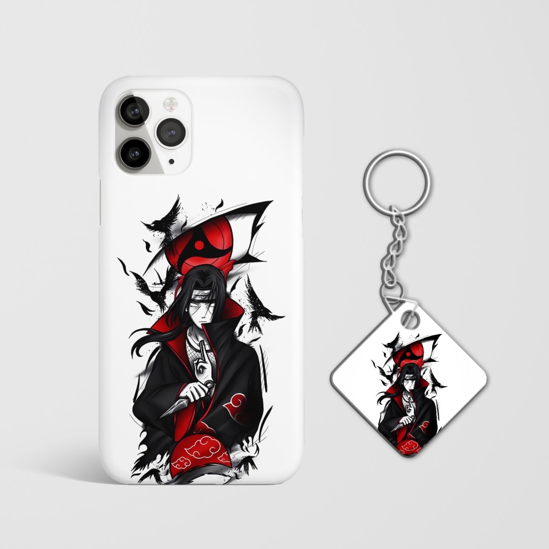 Close-up of the Itachi Uchiha White Phone Cover, showcasing the detailed 3D matte design with keychain. 