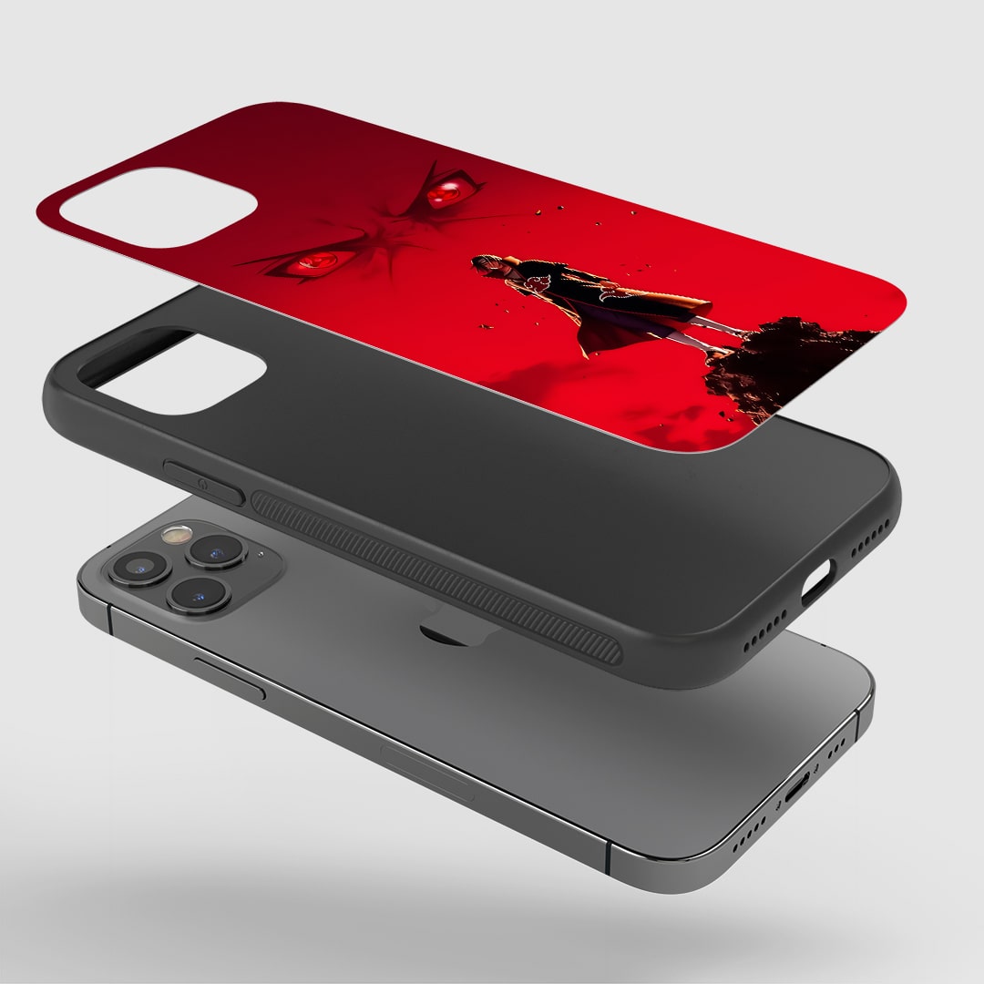 Angled view of Itachi Eye Silicone Case highlighting Uchiha artwork.