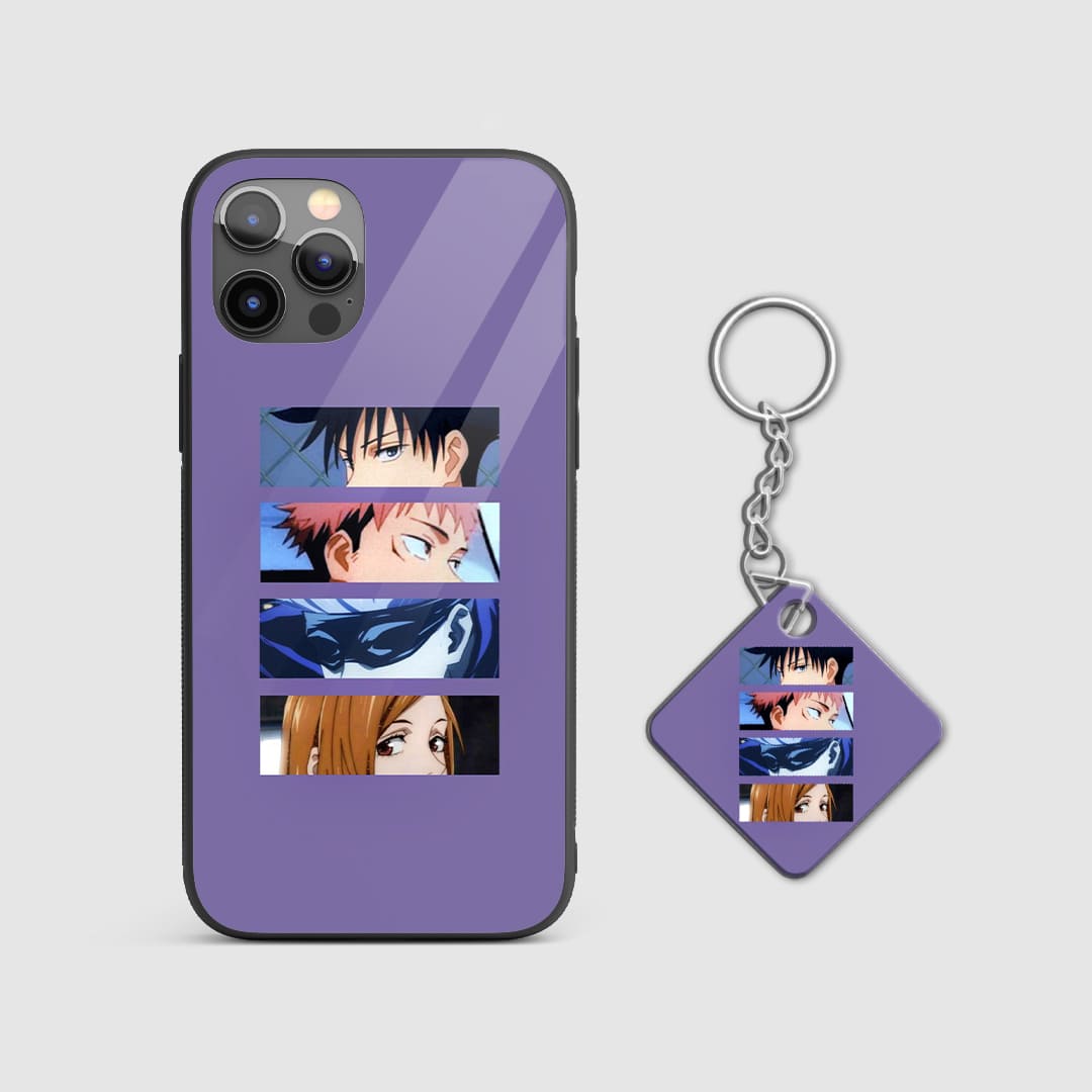 Colorful ensemble of Jujutsu Kaisen characters on the silicone armored phone case with Keychain.