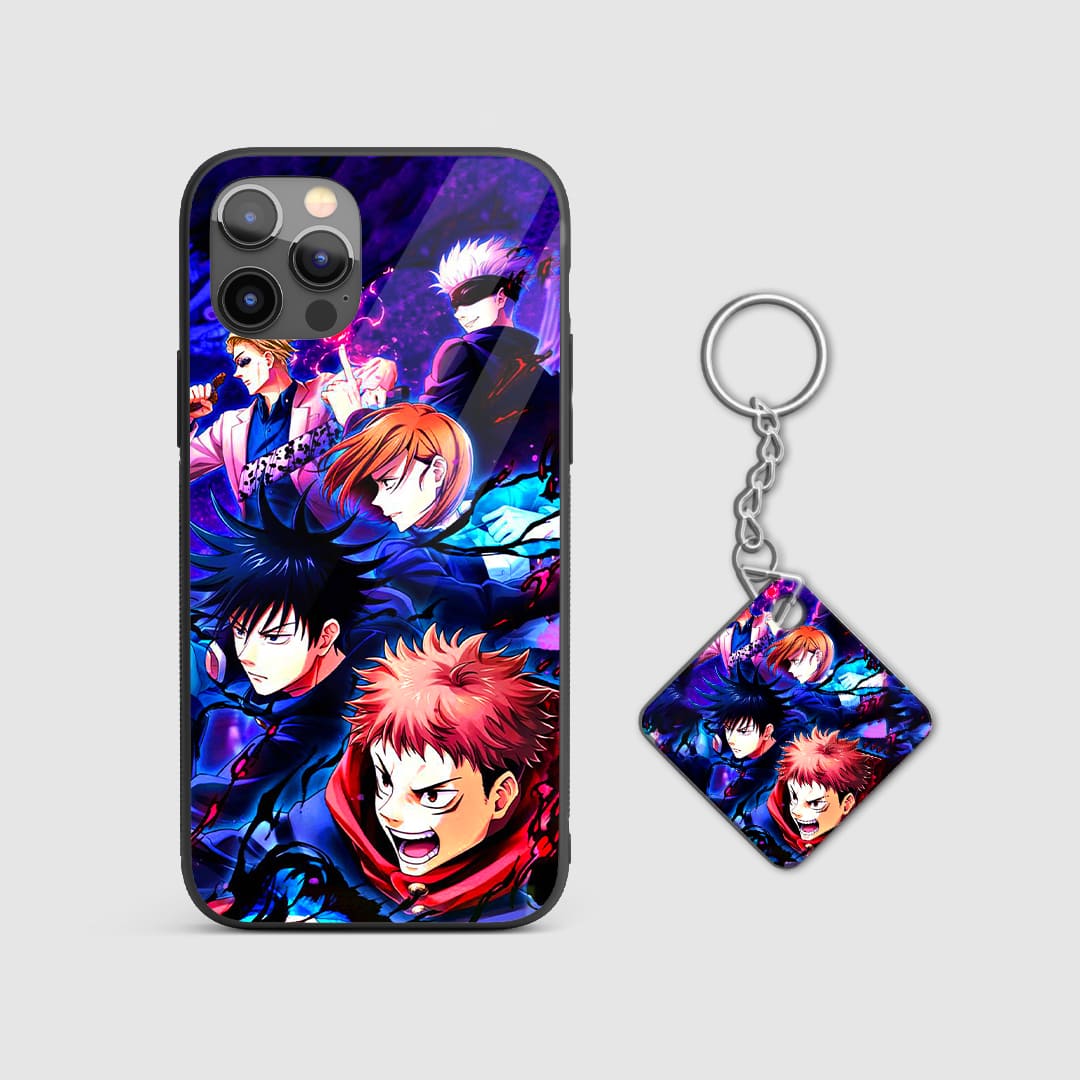 Colorful and dynamic artwork of Jujutsu Kaisen characters on the silicone armored phone case with Keychain.