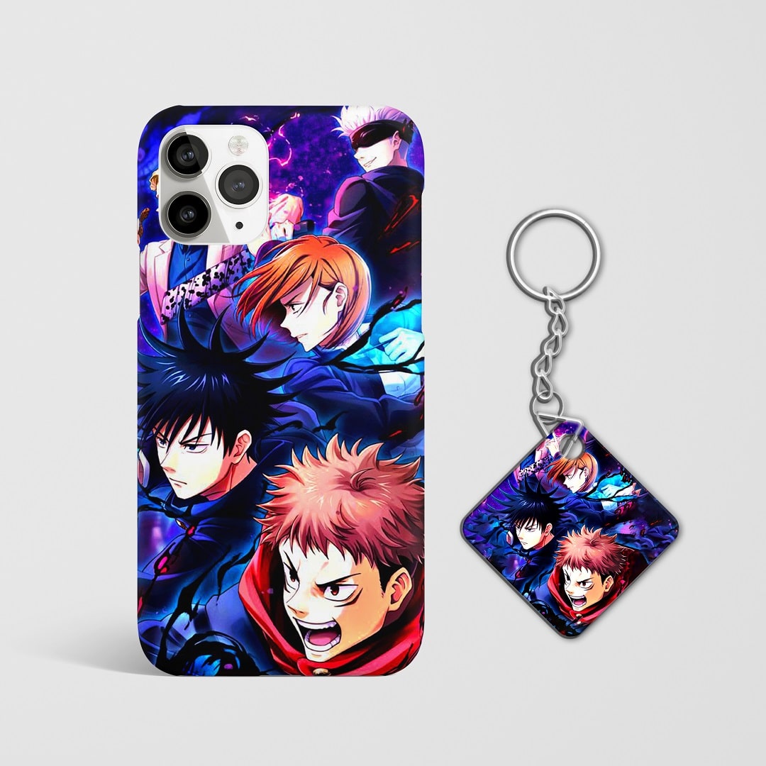 Close-up of detailed artwork featuring Gojo, Yuji, Megumi, and Nobara on phone case with Keychain.