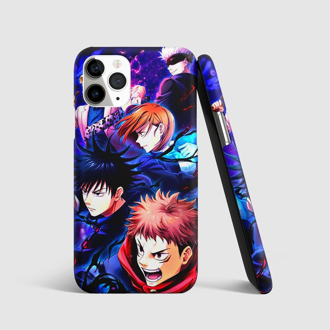 Bold, dynamic Jujutsu Kaisen characters on phone cover.
