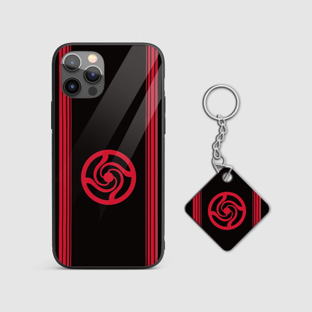 Bold red background with Jujutsu High emblem on the silicone armored phone case with Keychain.