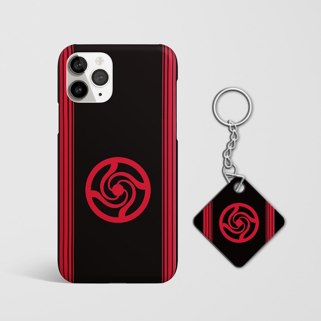 Close-up of the iconic red symbol on the Jujutsu Kaisen phone case with Keychain.