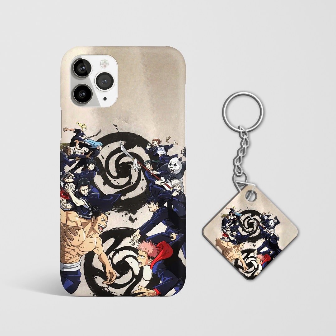 Close-up of vibrant Jujutsu Kaisen artwork on phone case with Keychain.