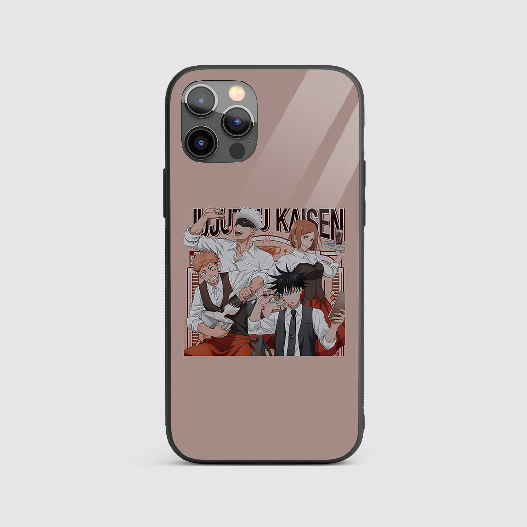 Jujutsu Team Silicone Armored Phone Case featuring Yuji, Nobara, Megumi, and Gojo ready for action.