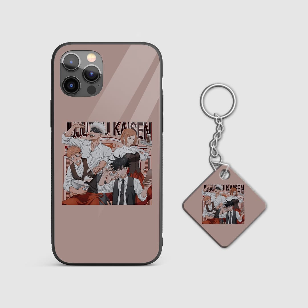 Dynamic group image of the Jujutsu Kaisen team on the silicone armored phone case with Keychain.