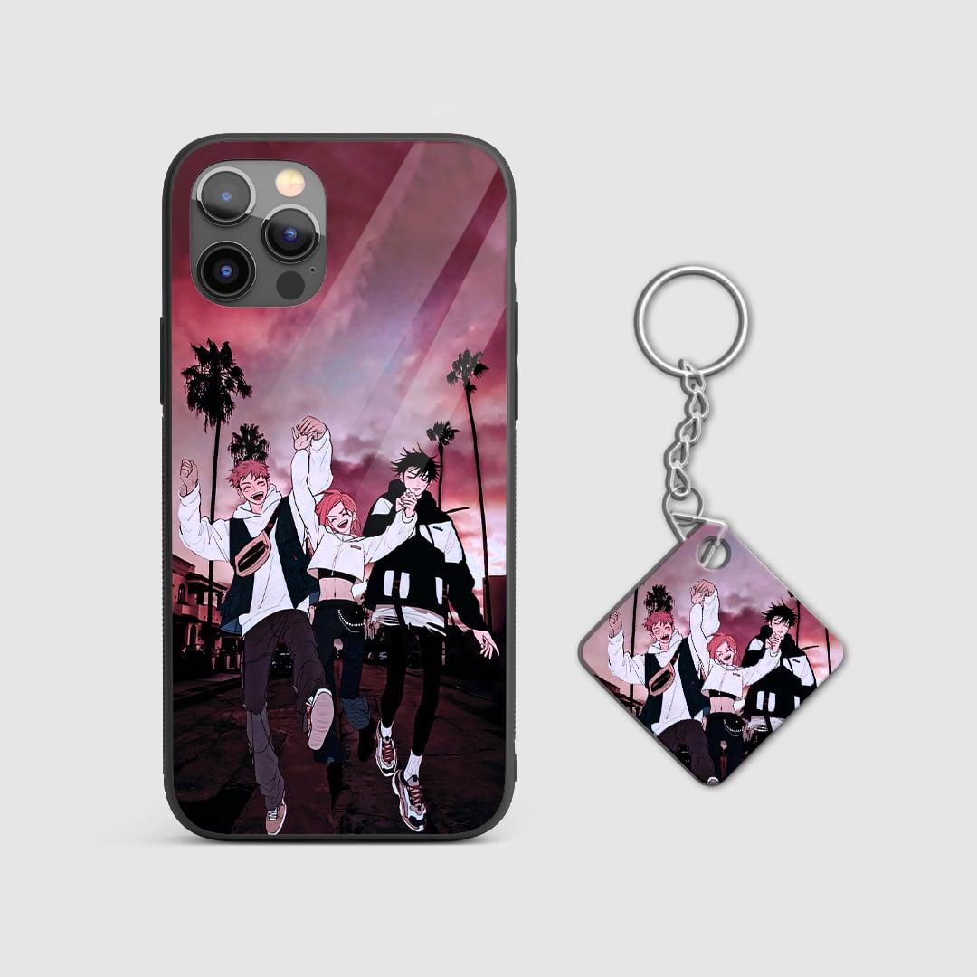 Vibrant depiction of the Jujutsu Kaisen trio ready for sorcery combat on the phone case with Keychain.