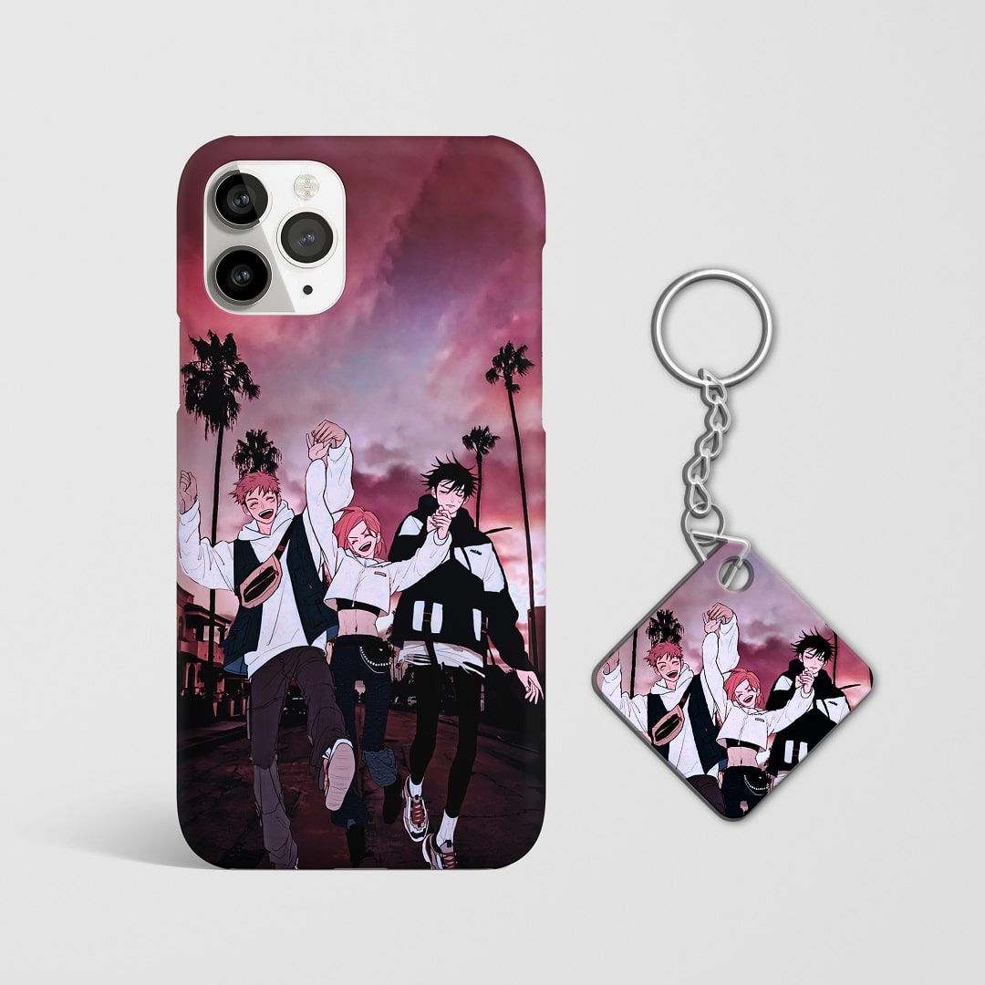 Close-up of the Jujutsu Kaisen trio on vibrant phone case with Keychain.