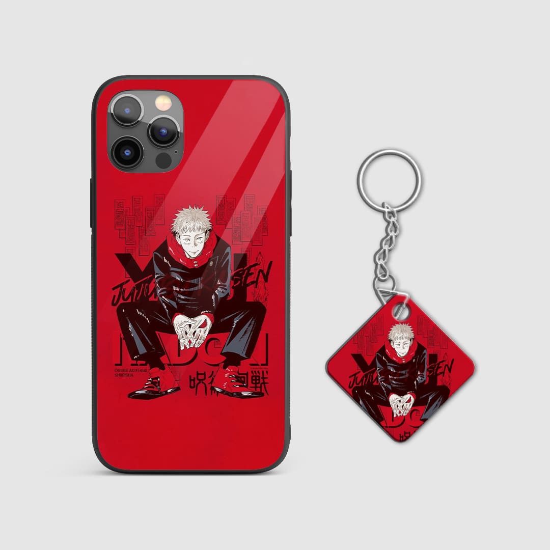 Illustration of Yuji Itadori showing his combat readiness on the silicone armored phone case with Keychain.