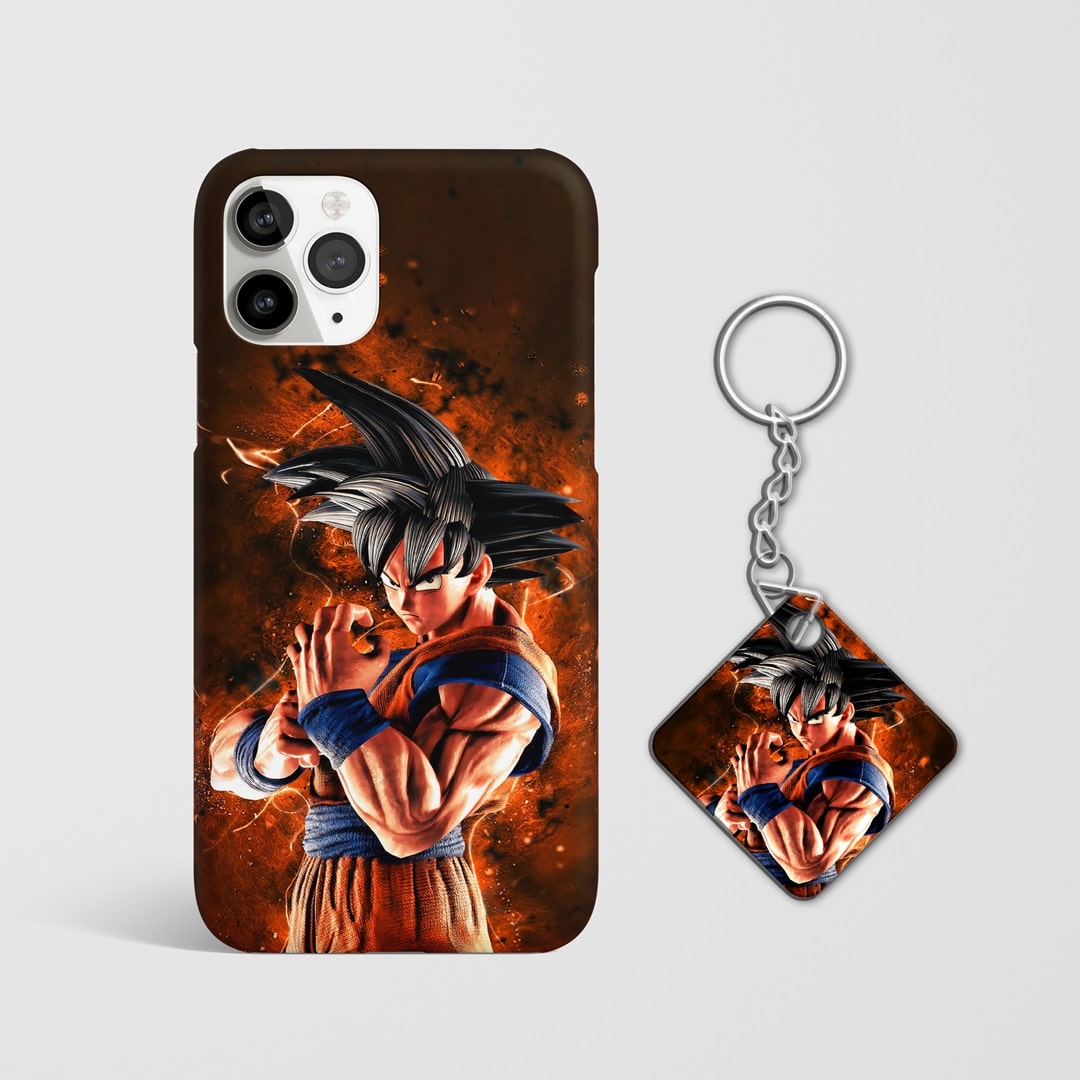 Close-up of the artistic Kakarot font and Saiyan symbols on phone case with Keychain.