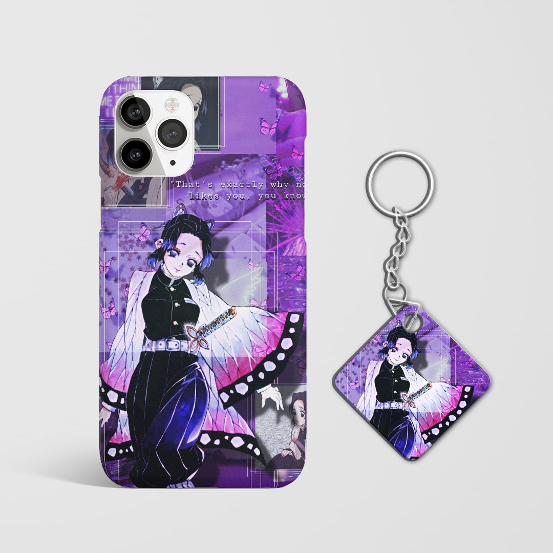Close-up of Kanae Kocho’s serene expression in manga style on phone case with Keychain.