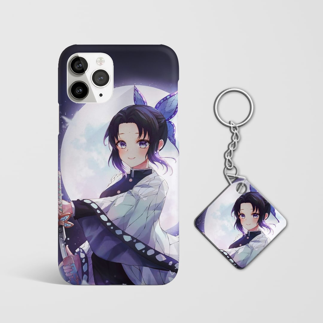 Close-up of Kanae Kocho’s serene expression with moon background on phone case with Keychain.