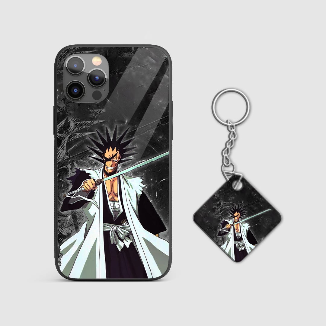 Fierce design of Kenpachi Zaraki from Bleach on a durable silicone phone case with Keychain.