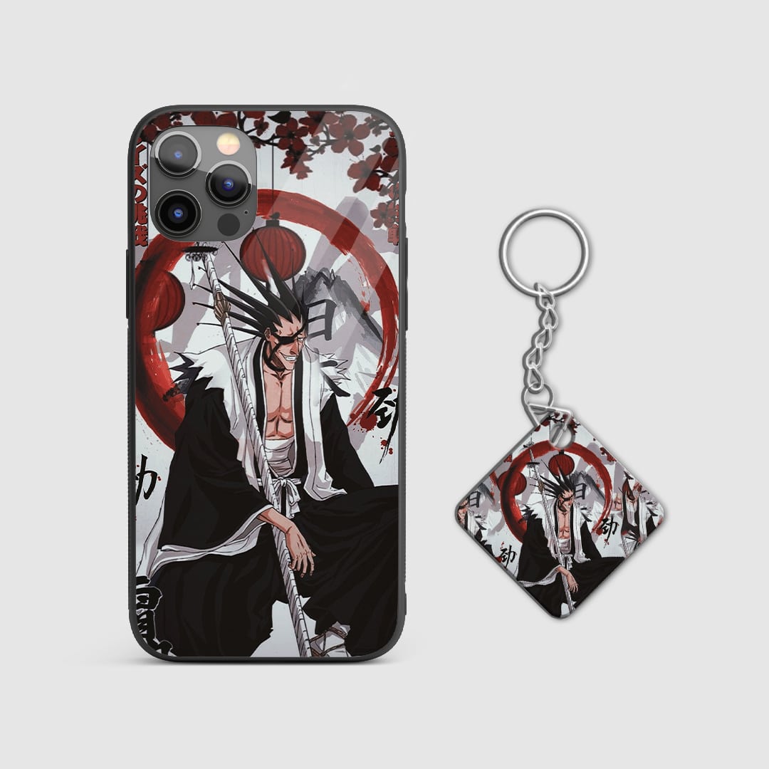 Bold graphic design of Kenpachi Zaraki from Bleach on a durable silicone phone case with Keychain.