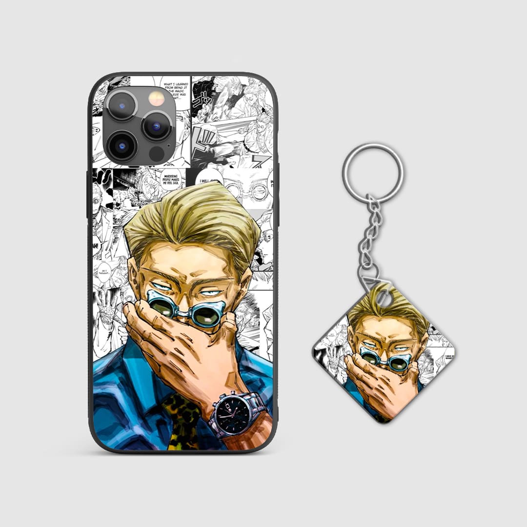 Detailed black and white drawing of Kento Nanami on the silicone armored phone case with Keychain.