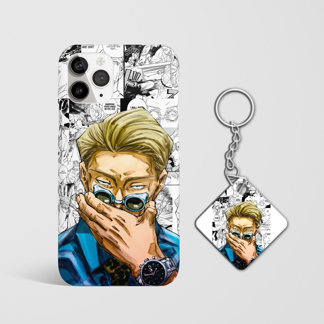 Close-up of Kento Nanami's serious expression on phone case with Keychain.