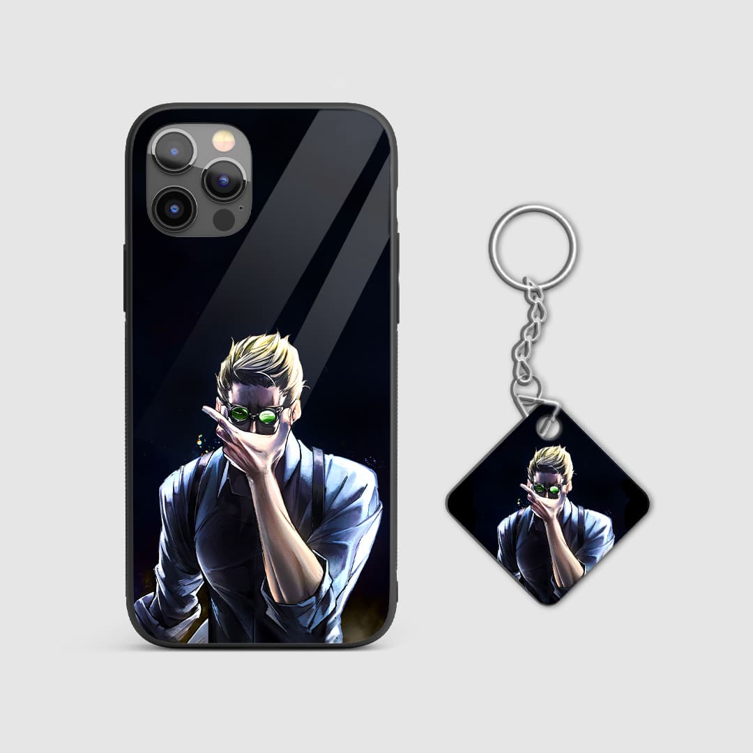 Elegant minimalist portrayal of Kento Nanami in a sophisticated black and white theme on the phone case with Keychain.